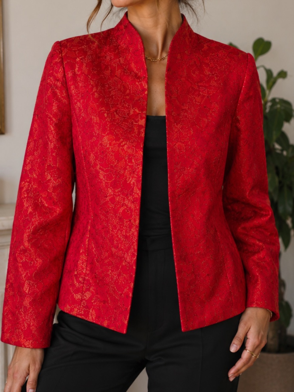 CHICO’S Red Metallic Brocade Mandarin Blazer Size 12